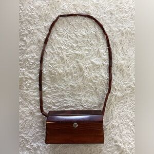 Vintage 1960s handmade wooden crossbody shoulder bag with snap closure